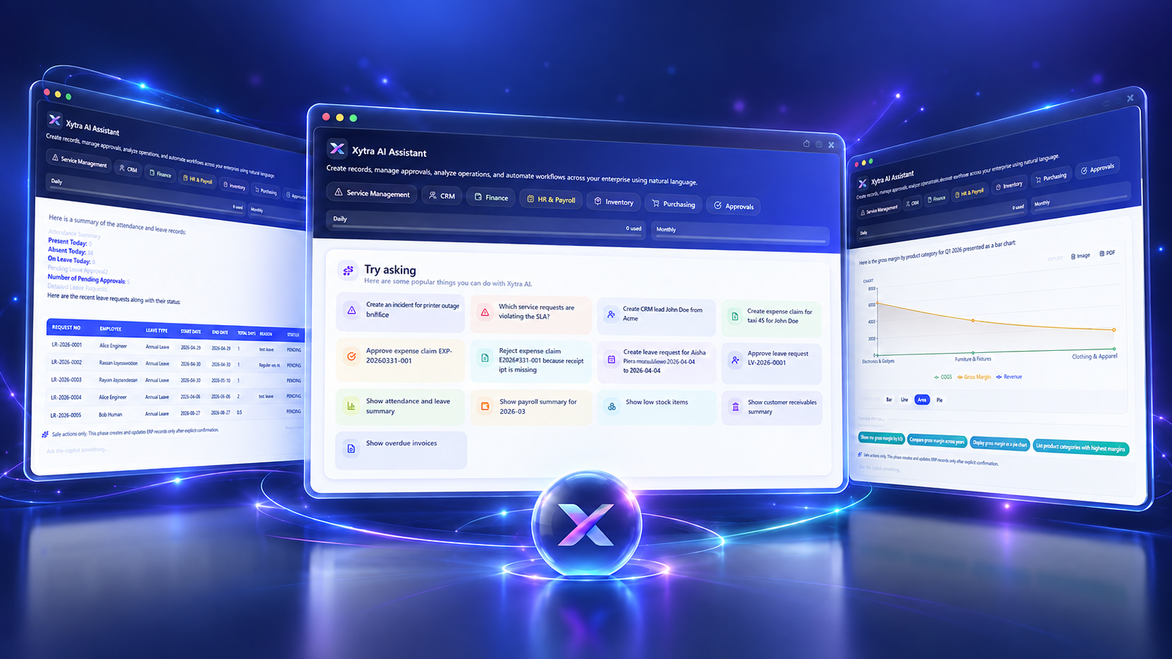 Illustrative Xytra One AI Assistant showing suggested ERP actions, employee and leave insights, and a sales analysis chart